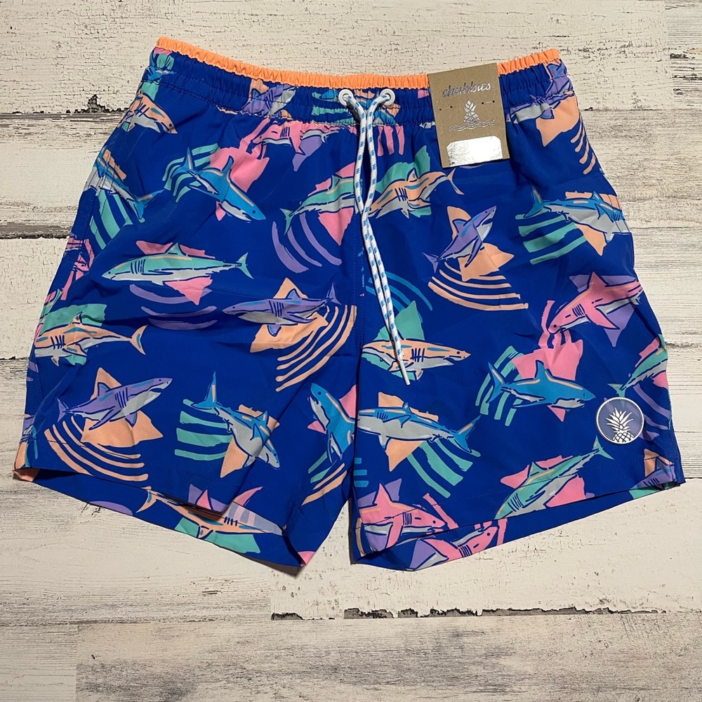 MENS CHUBBIES 5.5 INCH SWIM BATHIN SHIT BLUE ORANGE SHARKS SMALL MEDIUM LARGE